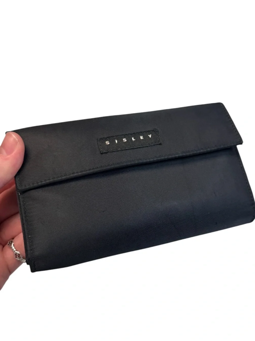 Vintage Sisley Black Nylon Large Flap Bifold Continental Wallet Organizer